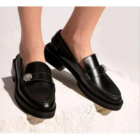 New $425 Ganni Black Leather Embellished Jeweled Loafer Women's Size 37 and US 7 - Picture 1 of 15